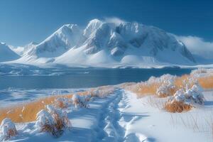 AI generated arctic landscape with mountain and lake photo