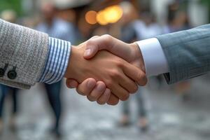 AI generated business people shaking hands, closeup, handshake at meeting or negotiation photo