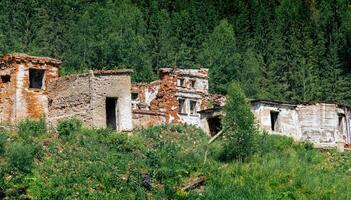 restos de un antiguo ladrillo industrial edificio entre el bosque en el montañas foto