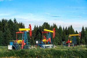 petróleo bombeo estaciones en un claro en el bosque foto