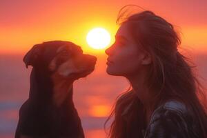 ai generado perro y sus propietario en el costa en contra el fondo de puesta de sol foto