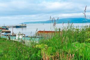 blurred view from a high bank to a small fishing port on the shore of an ocean bay, focus on the near grass photo
