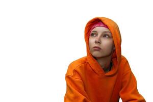 portrait of a teenage girl in a hoodie isolated on white background photo