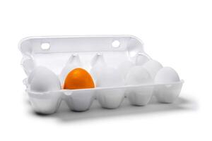 egg crate with nine white eggs and one golden yellow on a wooden table surface photo