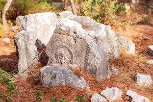 ancient stone with a pattern in the forest at the site of the abandoned antique city of Phaselis, Turkey photo
