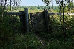 raquítico postigo portón en un abandonado pueblo cerca foto