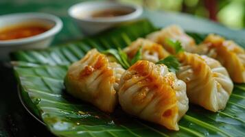 AI generated delicious momos with chutney on the leaf. captured with selective focus . photo