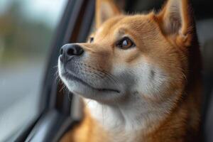 AI generated Akita Inu dog rides in a car, looks out the window photo