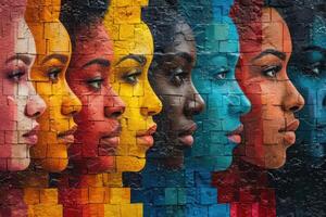 ai generado fondo, mural con vistoso caras simbolizando unidad y diversidad foto