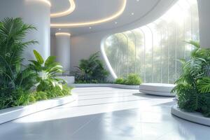 AI generated futuristic white interior with large window and green plants photo