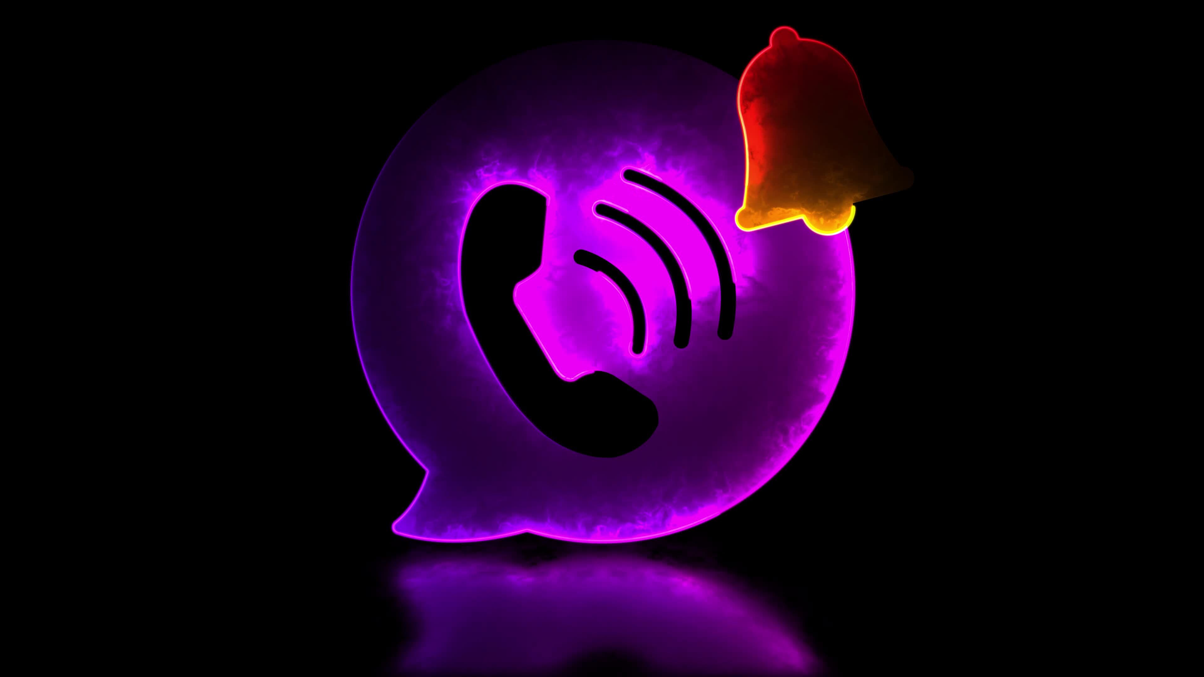 Neon light effect loop notification bell phone icon. Black background