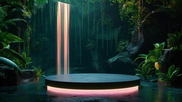 AI generated empty space product mockup podium with a jungle themed and nature background. Background for natural cosmetics and branding photo