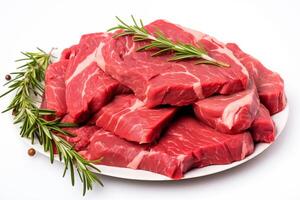 AI generated A pile of raw meat with peppercorns and a sprig of rosemary Isolated on white background photo