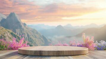 AI generated podium mockup round wooden pedestal with blur nature background. Background for natural cosmetics and branding photo