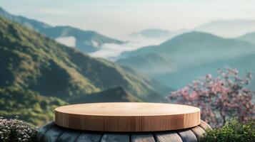 AI generated empty wooden product round podium on nature blur background. Background for natural cosmetics and branding photo