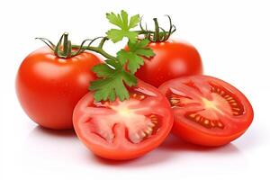 AI generated A group of tomatoes with leaves isolated on white background photo