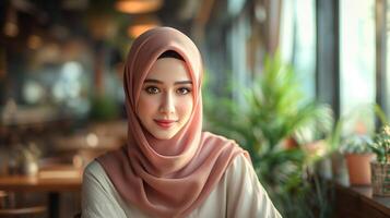 AI generated beautiful young Muslim woman wearing a hijab is sitting in a cafe photo