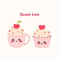 Happy cute kawaii coffee cup and cupcake in love. Valentines day greeting card with cupcake and coffee cup. Sweet love vector