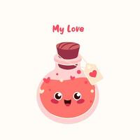 Cute bottle with love potion. Valentines Day greeting card with magic elixir. Kawaii love potion with hearts vector