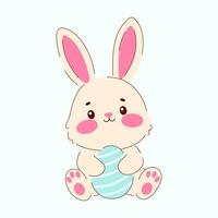 Happy Easter greeting card with cute bunny and colourful egg. Cute rabbit holding Easter egg vector