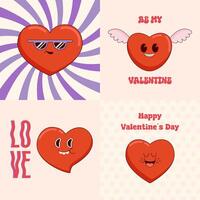 Set of Valentine's Day cards. Groovy lovely hearts retro greeting cards set. Hippie retro vintage Valentine's day posters in 70s 80s style vector