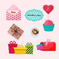 Valentines day element. Vector cute items and elements for Valentine's Day cards. Envelopes with a letter, mailbox, gifts, coffee with a heart, a cupcake with a heart, a label