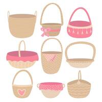 Set of wicker baskets. Vector flat differrent empty baskets set