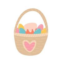 Cute Easter basket with colorful eggs and Easter cakes flat vector