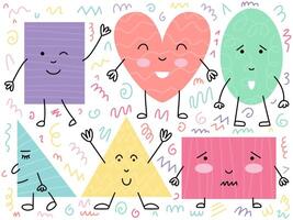 Set of geometric figure shape cartoon vector character with faces and emotions. Funny colorful basic geometric figure characters set