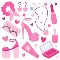 Pink girl elements set. Pink flat vector doll set