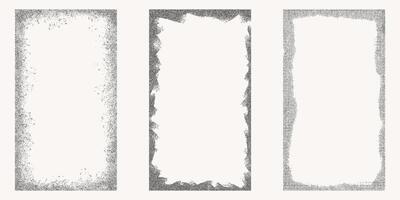 Set of black dotted textured vertical frame, noisy gritty dot halftone effect, vector illustration. Fashionable banner in grunge style. Rectangular frames for social networks, paint splashes.