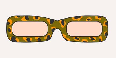 de moda Gafas de sol en ranura estilo, caja de cartón. retro accesorio en un ligero fondo, hippie, 1970 varios trippy patrones en el vaso, leopardo impresión. vector