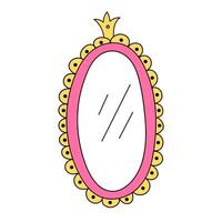 Cute oval vector frame with crown isolated on white background. Pink mirror for little princess, beautiful decorative border, hand drawn, doodle illustration.