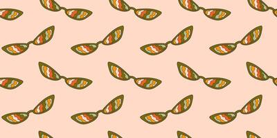 Seamless pattern with fashionable sunglasses in groove style, carton. Retro accessory on a light background, hippie, 1970s. Various trippy patterns in glasses, waves. vector