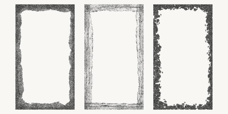 Set of black dotted textured vertical frame, noisy gritty dot halftone effect, vector illustration. Fashionable banner in grunge style. Rectangular frames for social networks, stains and drops.