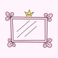 Cute rectangular vector mirror in pink color. Fancy vintage hand drawn frames, crowns and swirls, decorative frame.