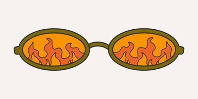 Fashionable sunglasses in groove style, carton. Retro accessory on a light background, hippie, 1970s. Various trippy patterns in glass, fire. vector