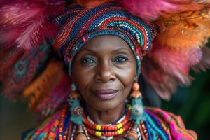 ai generado retrato de un mujer en un brillante tradicional étnico atuendo foto