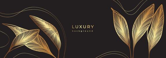 Luxury botanical banner with golden banana leaves. Linear branches and lines on black background. Gold color banana leaf with veins vector