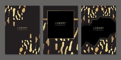 Set of luxury templates with golden animal spots texture. Pattern with gold and black stains painted with brush. Frame design with animal print for cover, poster, flyer vector