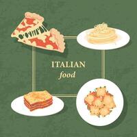 Set of italian food. Italian cuisine. Spaghetti carbonara, pizza, pasta, ravioli, lasagna. Two slices of pizza with stretchy cheese. Dishes on plates. Vector illustrations