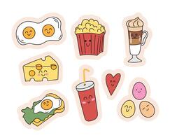 conjunto de pegatinas con linda comida con antropomórfico caras. frito huevos, latté, Palomitas, soda, huevos Benedicto, queso, corazón. colección de kawaii desayuno comida vector