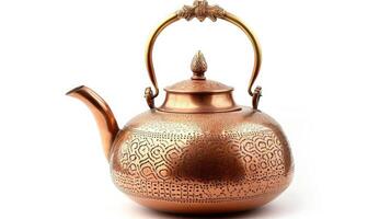AI generated jug, Copper desert tea pot, antique metal teapot isolated on white background, antique kettle, golden teapot, metal teapot, Chinese tea pot on white background photo