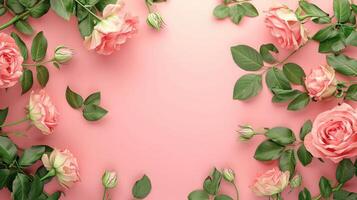 AI generated Rose flowers with green leafs on pink background photo