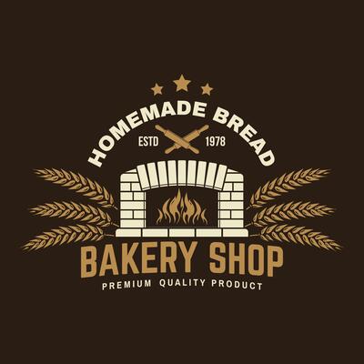 Bakery shop badge, logo. Vector. Typography design with old oven, ears of wheat silhouette. Template for restaurant identity objects, packaging and menu