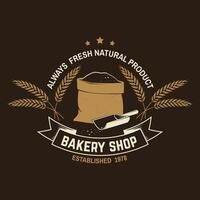 Bakery shop. Vector Concept for badge, shirt, label, print, stamp or tee. Typography design with bag with flour, ears of wheat silhouette. Template for restaurant identity objects, packaging and menu