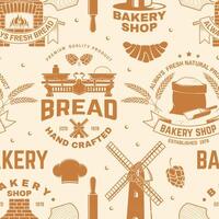 panadería tienda de patrones sin fisuras o de fondo. vector. patrón de panadería sin costuras con rodillo, molino de viento, silueta de orejas de trigo. textura de panadería. vector