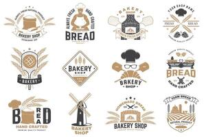 Set of Bakery shop badge. Vector. Design with windmill, rolling pin, dough, wheat ears, old oven, wooden bread shovels silhouette. For restaurant, bakery identity objects, packaging menu vector