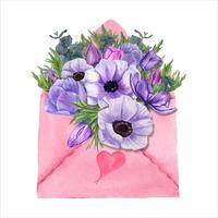 Bouquet of watercolor pink, blue anemone flowers in pink paper envelope. Hand drawn illustration vector