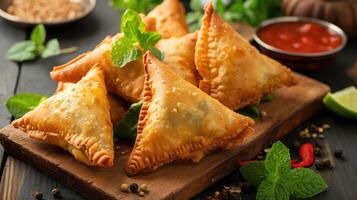 AI generated Fried samosas with vegetable filling, popular Indian snacks on wooden board photo